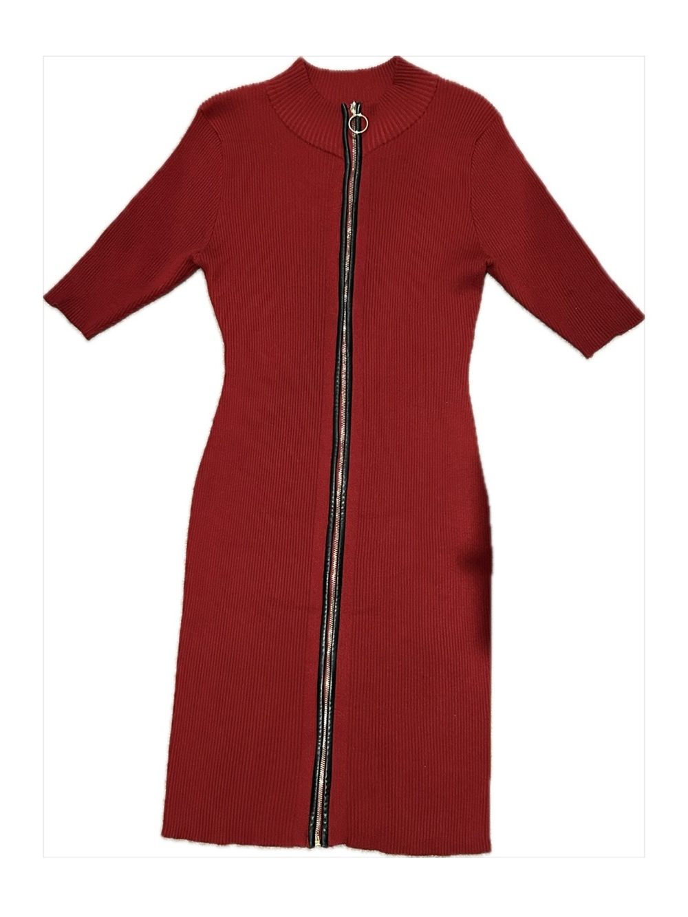 Ribbed Zip-Front Midi Dress in Deep Red